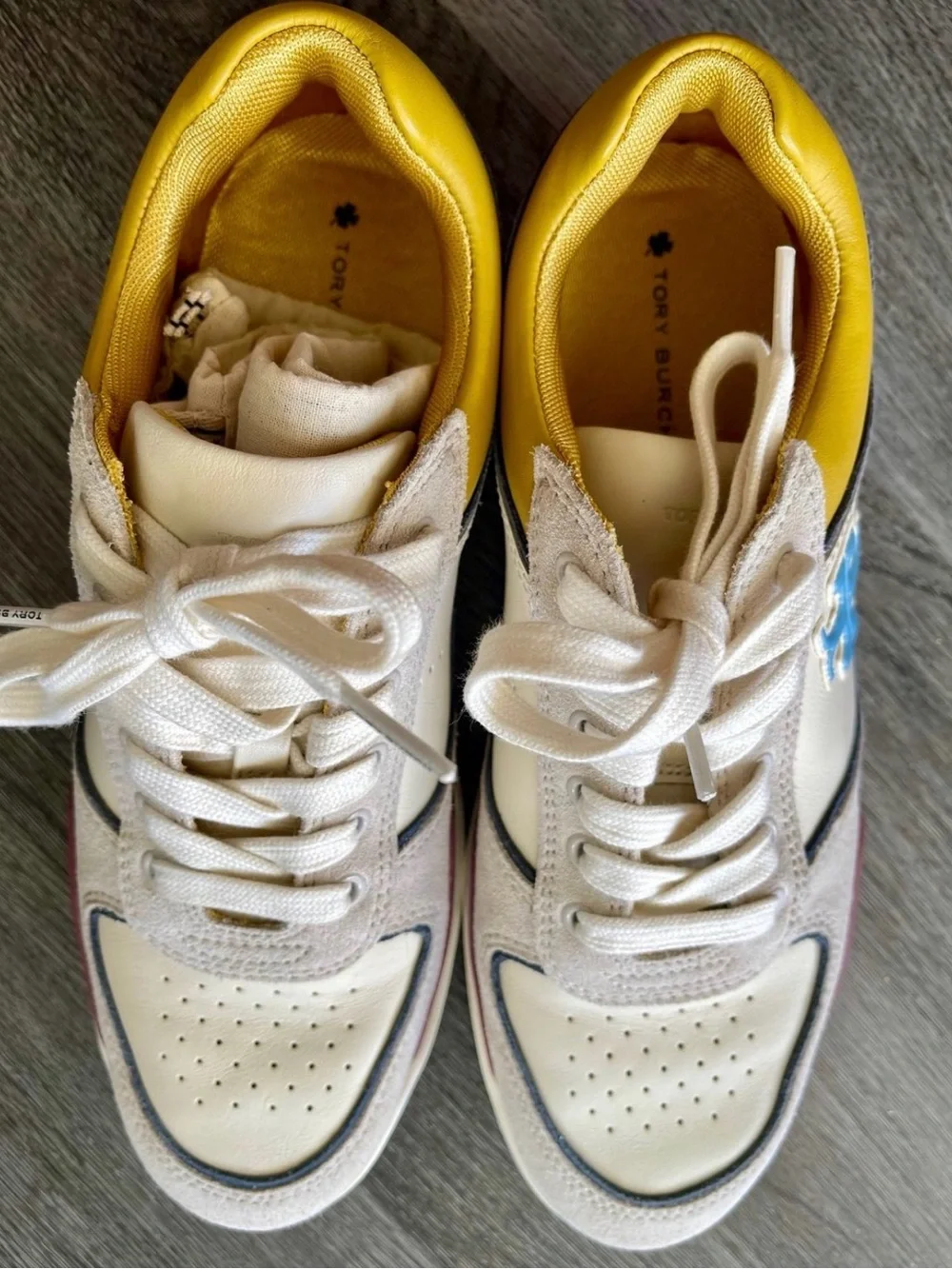 Tory Burch White Leather Sneaker with Light Blue Logo & Yellow Accent